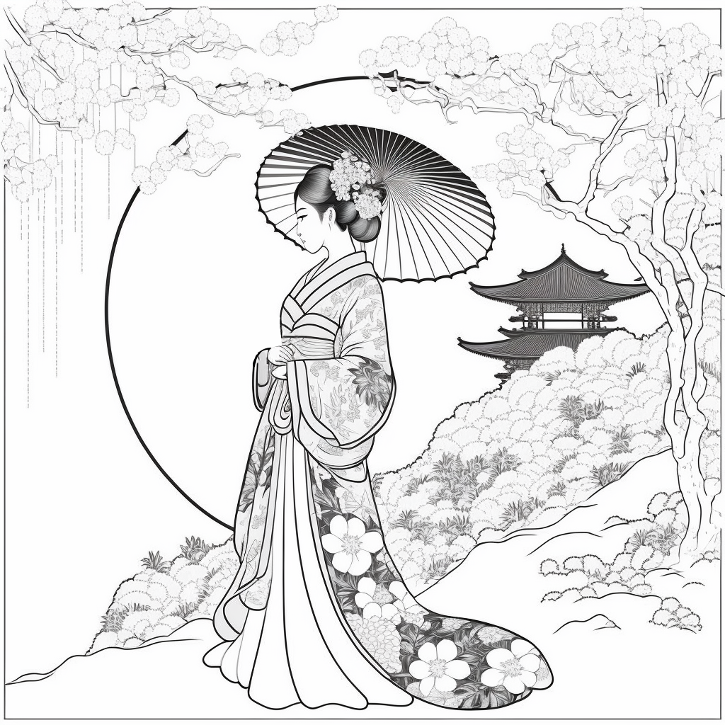 Şemsiyeli Japon Kadını - Siyah Beyaz - Boyama Kitabı