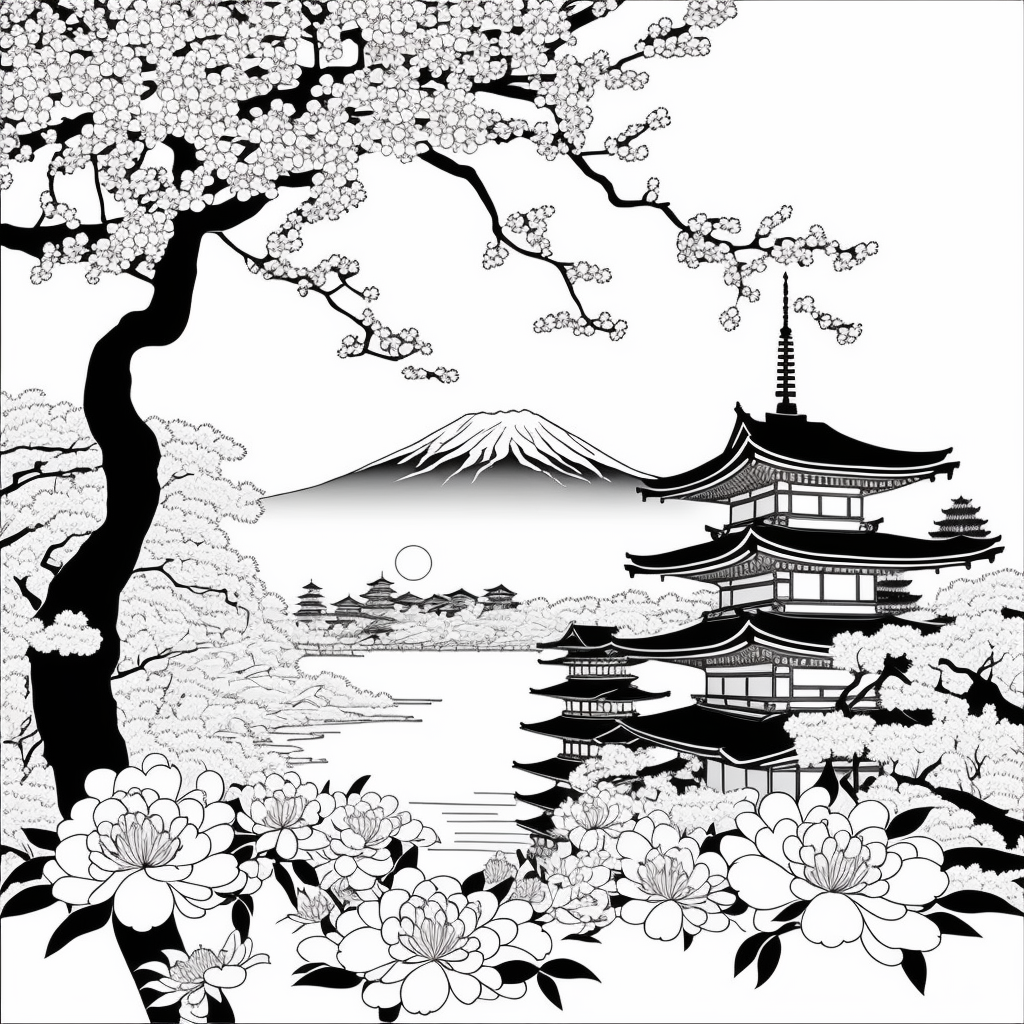 Japon Kasabası Çizimi - Siyah Beyaz - Boyama Kitabı