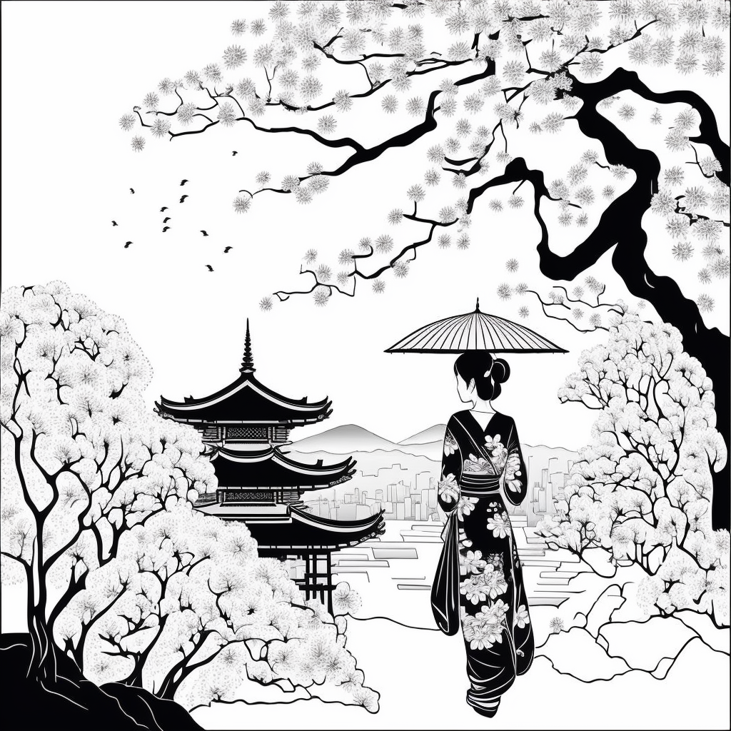 Şemsiyeli Japon Kadın Çizimi - Siyah Beyaz - Boyama Kitabı