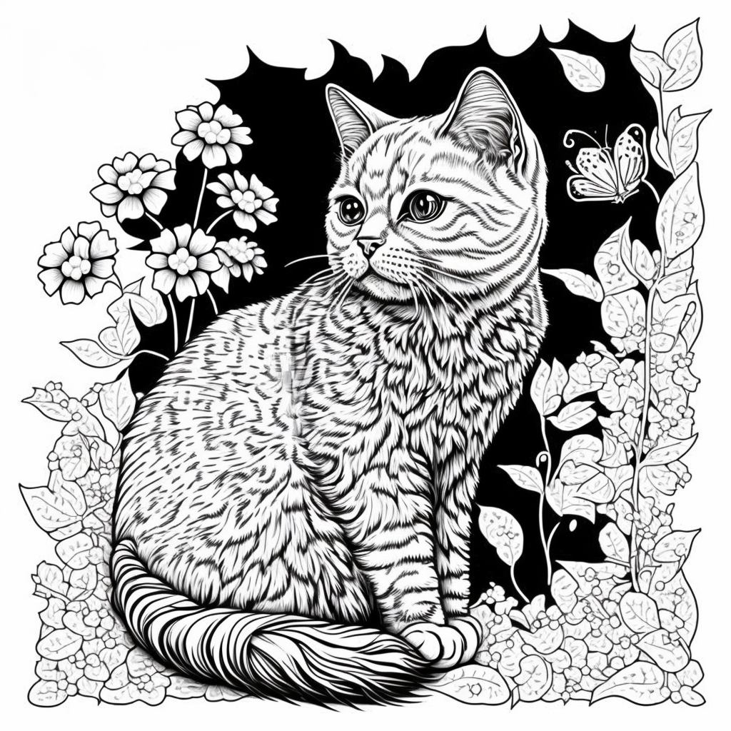 Kedi Çizimi - Siyah Beyaz - Boyama Kitabı