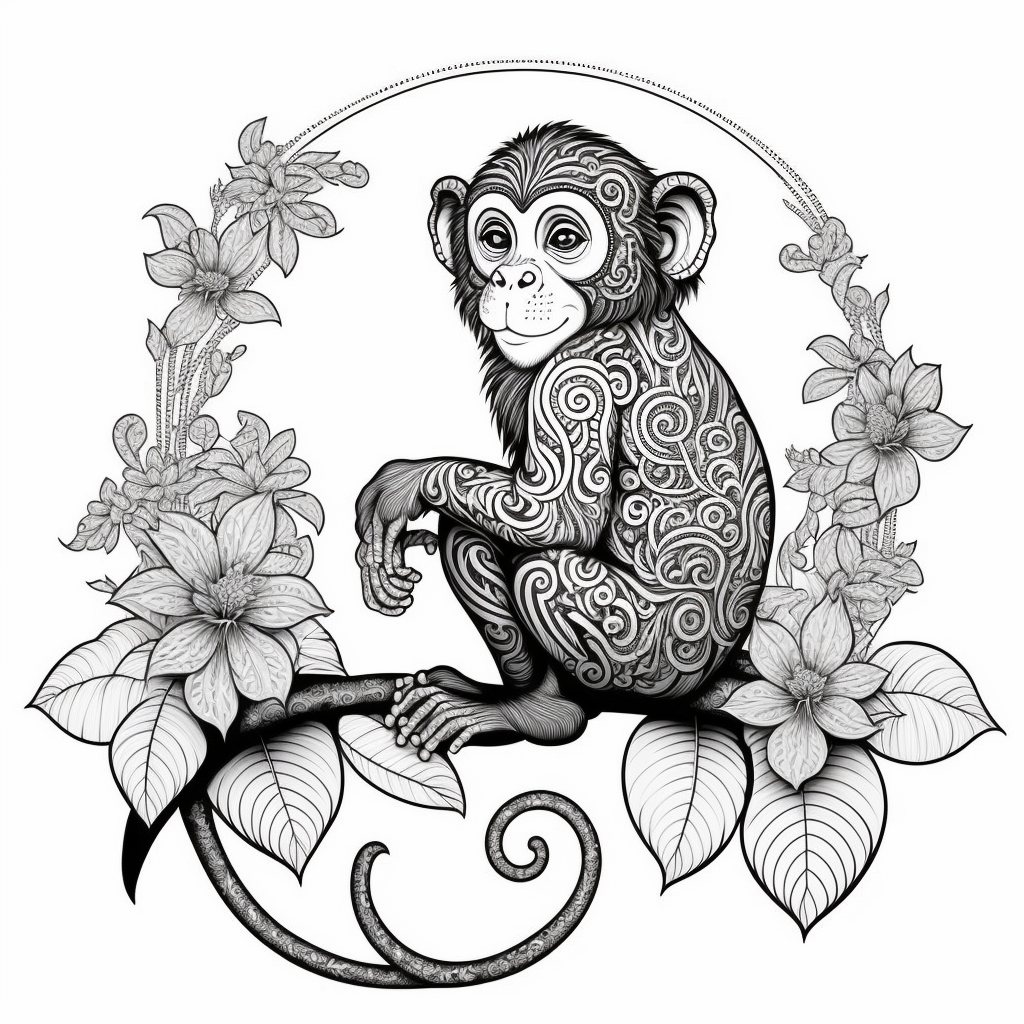 Maymun Çizimi - Siyah Beyaz - Boyama Kitabı