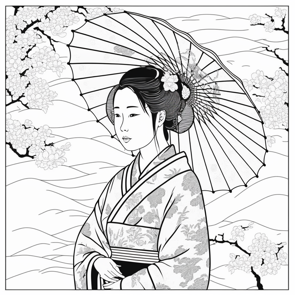 Şemsiyeli Japon Kadın Çizimi - Siyah Beyaz - Boyama Kitabı